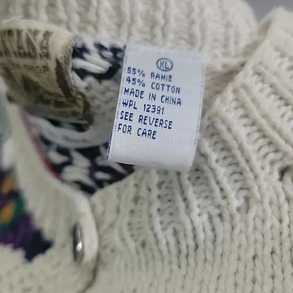 Vintage Grandma Hand Knit Cardigan Sweater Rami/Cotton Blend XL Colorful - Picture 6 of 6